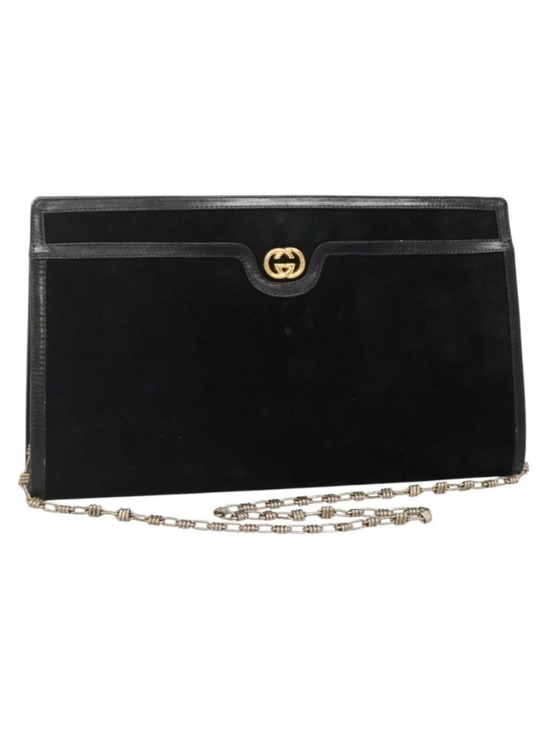 Authentic Gucci Chain Shoulder Bag Suede Black Gold